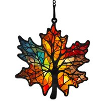 Maple Leaf Suncatcher - Stained Glass Window Hanging with Glitter Details, Fall Ornaments for Thanksgiving Decor, Autumn Leaf Window Wall Decorations