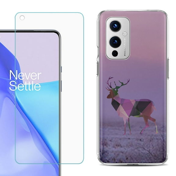Slim-Fit TPU Phone Case Compatible with OnePlus 9 5G, with Tempered Glass Screen Protector, by OneToughShield ® - Deer/Polygon