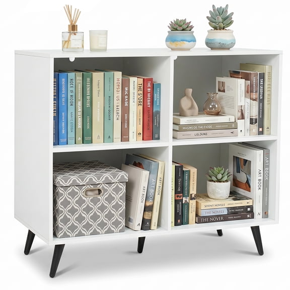 Costway 4-Cube Wooden Bookshelf Bookcase with 5 Metal Legs, Anti-Toppling Devices for Home White