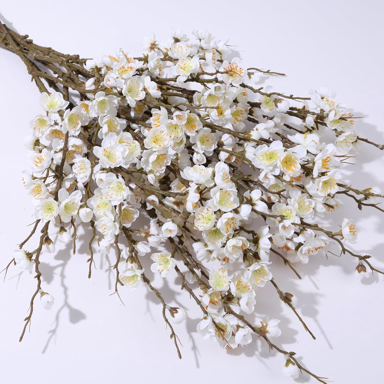 6 PCS Artificial Cherry Blossom Branches Spring Indoor Decoration, Faux Yellow Silk Flowers 34.45" Long Stems Real Touch Plum Fake Peach Plants for New Year Wedding Home Bedroom Table Office