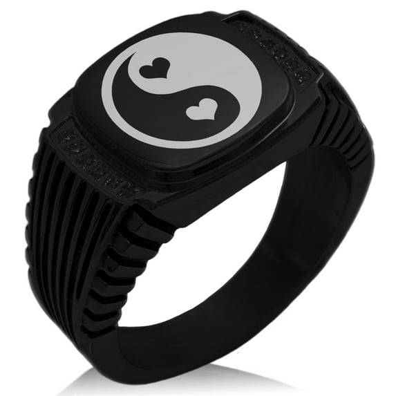 Stainless Steel Love Heart Yin Yang CZ Ribbed Needle Stripe Pattern Biker Style Polished Ring