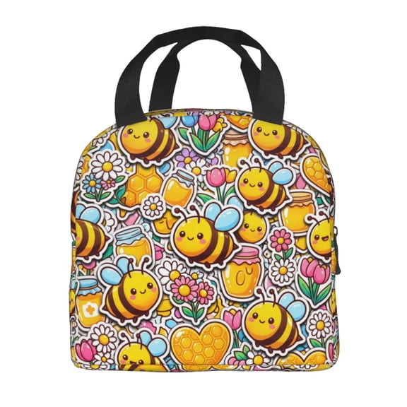 Bee Lunch Box,Reusable Insulated Lunch Bag,Flowers Large Capacity Portable Thermal Bag With Mutiple Pockets For Office,Work,Picnic