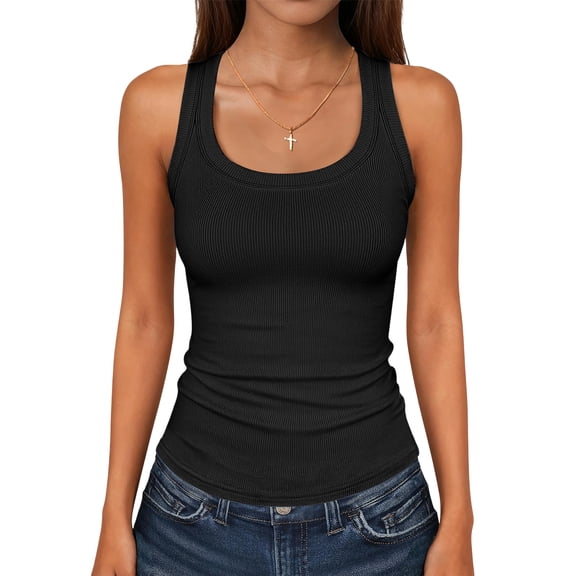 Fabrcox Ribbed Tank Tops for Women Sleeveless Square Neck Women Summer Tank Tops Stretch Wide Strap Lightweight Hiking Fitted Basic Undershirts Women Black XXL