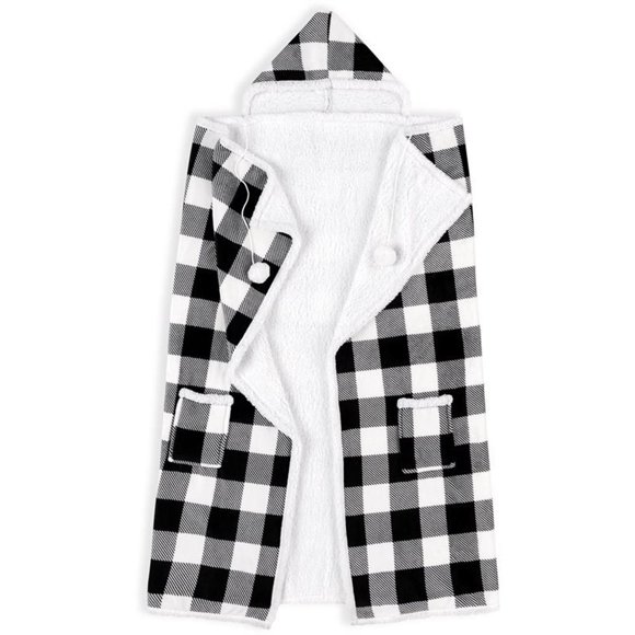 Pemberly Row 52x72" Throw Wearable Cuddle Buffalo Plaid Hooded Blanket in White