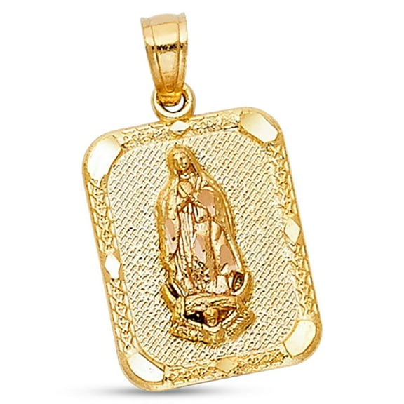 Lady Guadalupe Portrait Pendant Solid 14k Yellow Rose Gold Virgin Mary Charm Two Tone 17 x 13 mm