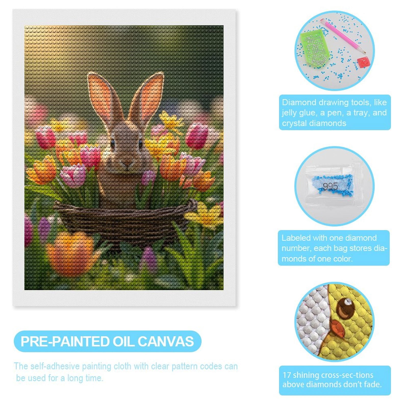 Diamond Art Kits for Adults, Rabbit Basket Spring Flowers 5D Diamond Painting Kits for Adults Beginners, DIY Full Drill Diamond Painting, Gem Art and Crafts 12x16