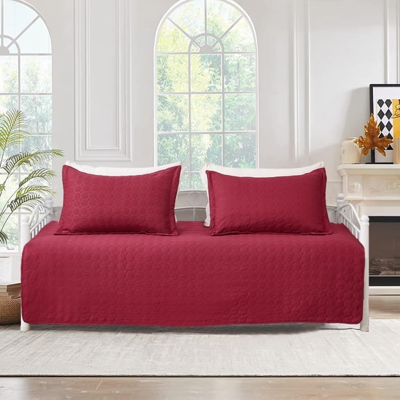 3 Pcs Burgundy Sofa Daybed Cover Set Twin Size Daybed Bedding Double Sided Bed Set All Season Cozy Bedding Solid Color Classic Design Daybed Quilt Set with Matching Shams,39"x75"