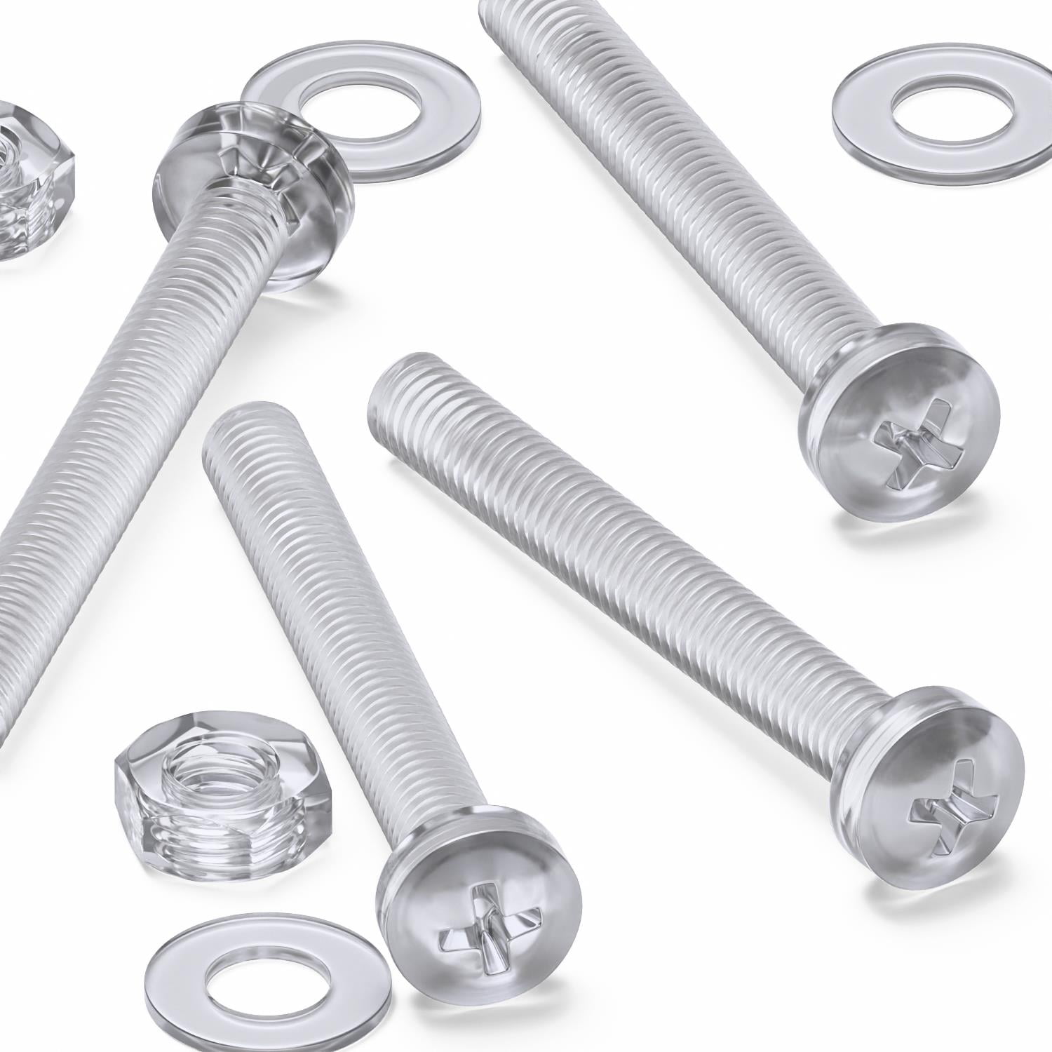 Pack of 60 Transparent Clear Plastic Acrylic M3 x 25mm Nuts & Bolts, Washers - Acrylic Plastic Screws, (3/32 x 1 in)
