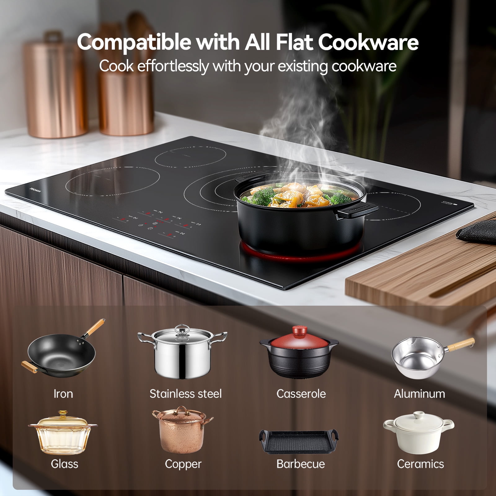 Tecasa 36 Inch 5 Burners Smooth Surface (Radiant) Electric Ceramic Cooktop, 9000 W Built-In Stove Top with Tri-Ring Element and Touch Control, Black