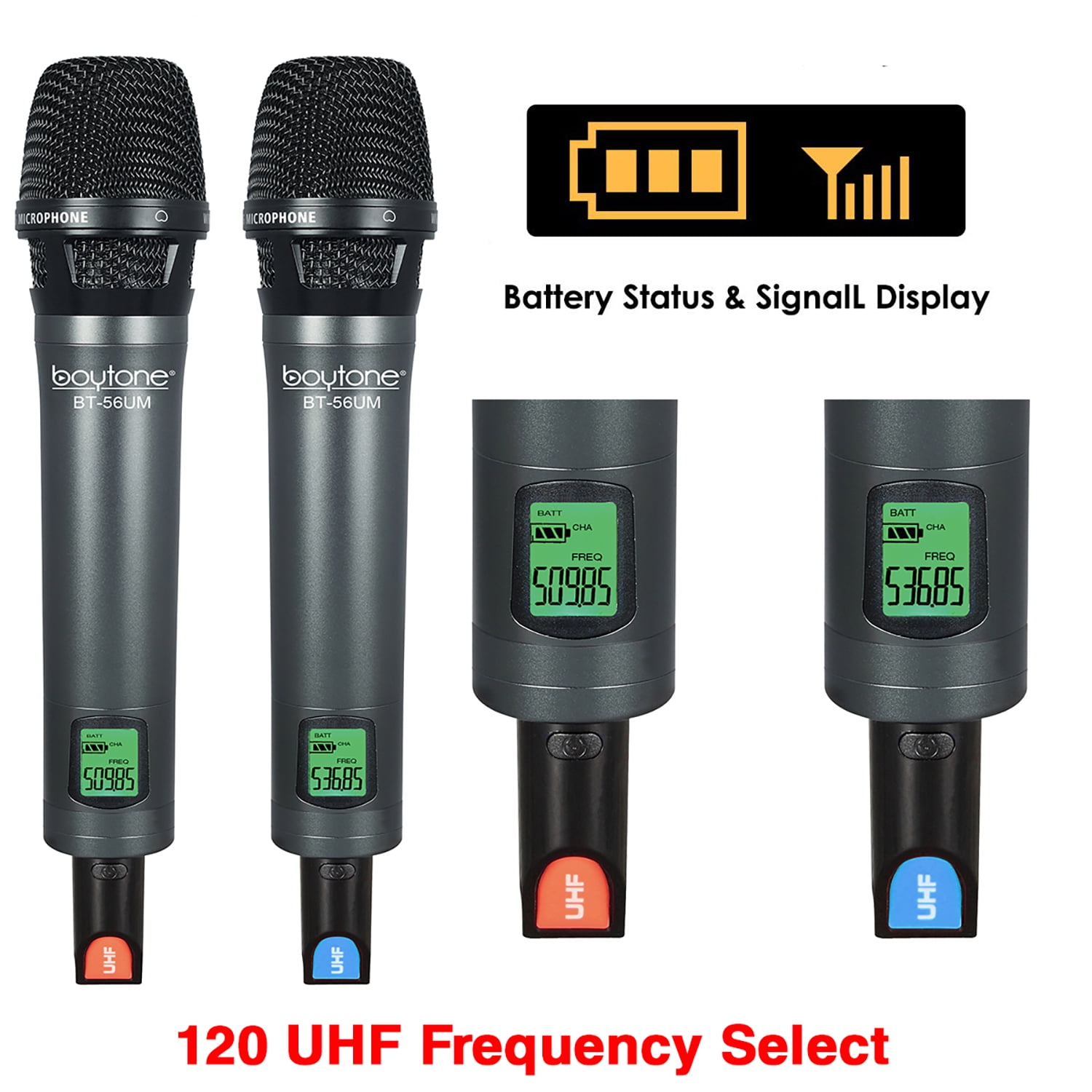 Boytone BT-56UM 120-Channel Dynamic Dual UHF Wireless Microphone System, Metal Cordless Mic and Base Set, Long Distance 200-240 Ft, 16 Hours Continuous Use for Concert, Studio, Party, Church, Karaoke