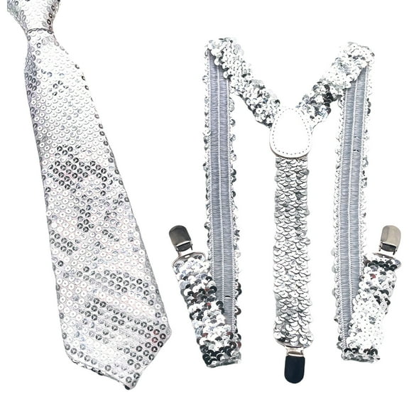 RUISINERY Adjustable Sequins Suspenders and Necktie Set for Men with Metal Clip for Weddings and Theme Parties Costume Accessory