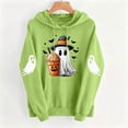 thumbnail image 4 of Women Drop Shoulder Spooky Season Hoodie Drawstring Kangaroo Pocket Fall Halloween Pullover Witch Hat Cute Ghost Pumpkin Spice Drink Bat Front Print Sweatshirt, 4 of 6