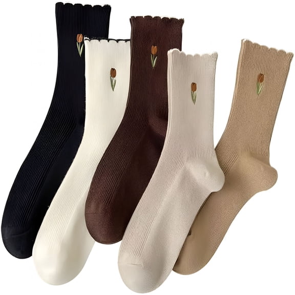 TELOLY 5 Pairs Womens Ruffle Slouch Crew Socks Cute Floral Embroidery Knit Cotton Socks Cottagecore Aesthetic Accessories