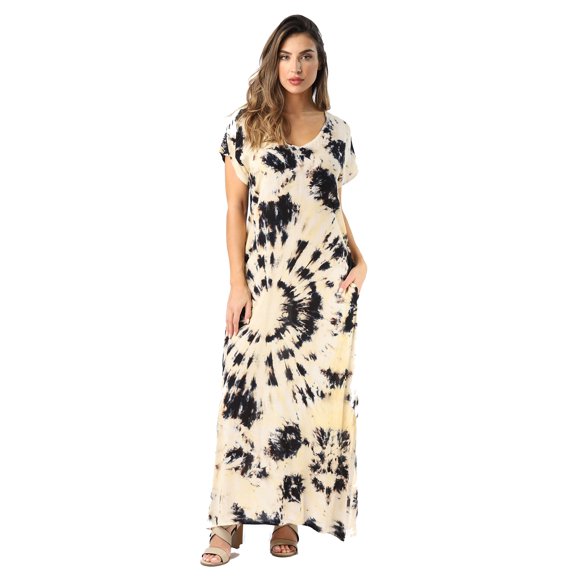 Riviera Sun Casual Short Sleeve Maxi Dress with Side Slit 21771-CHR-L (Black / Cream, 1X)
