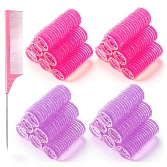 24pc Heatless Hair Rollers for Short Hair & Bangs, 25mm Self Grip Curlers to Sleep in | No Heat Volume Volumizing Hair Rollers Set for Women, Rose red&Purple