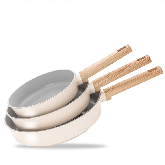 Koch Systeme CS 3 Piece Nonstick Frying Pan Set, 8, 9.5 & 11 inch‌ Cookware Set, Induction Compatible Skillet, Dishwasher Safe, Cream White