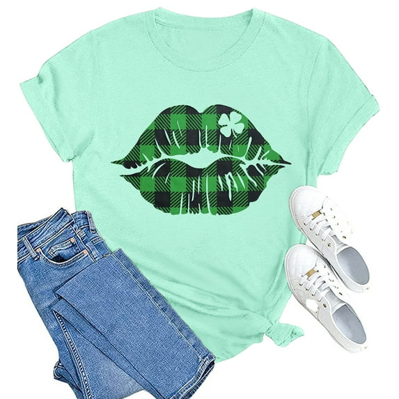 LAZYCHILD St. Patrick's Day Shirts for Women Funny Lips Tongue Shamrock TShirt St. Paddys Day Green Clover Short Sleeve Tops