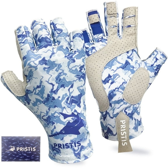 Pristis UPF 50  Half-Finger Fishing Gloves, UV Protection Breathable Sun Gloves for Men Women, Water Camo, S/M