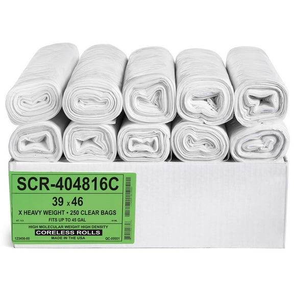 Aluf Plastics SCR-404816C 45 Gallon Clear Trash Bags (250 Count) - 39' x 46' - 16 Micron Equivalent High Density Value Garbage Bags Can Liners for Bathroom, Office, Industrial, Commercial, Recycling