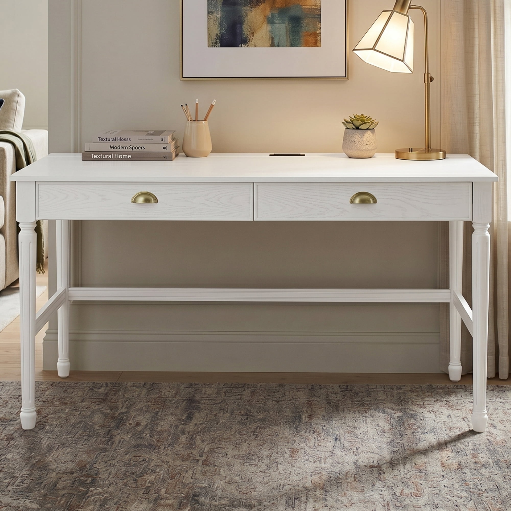 Euroco 60" Solid Wood Writing Desk with 2 Drawers,Home Office Workbench Desk,Small Computer Work Study Table,Vanity Table for Living Room,Bedroom,White