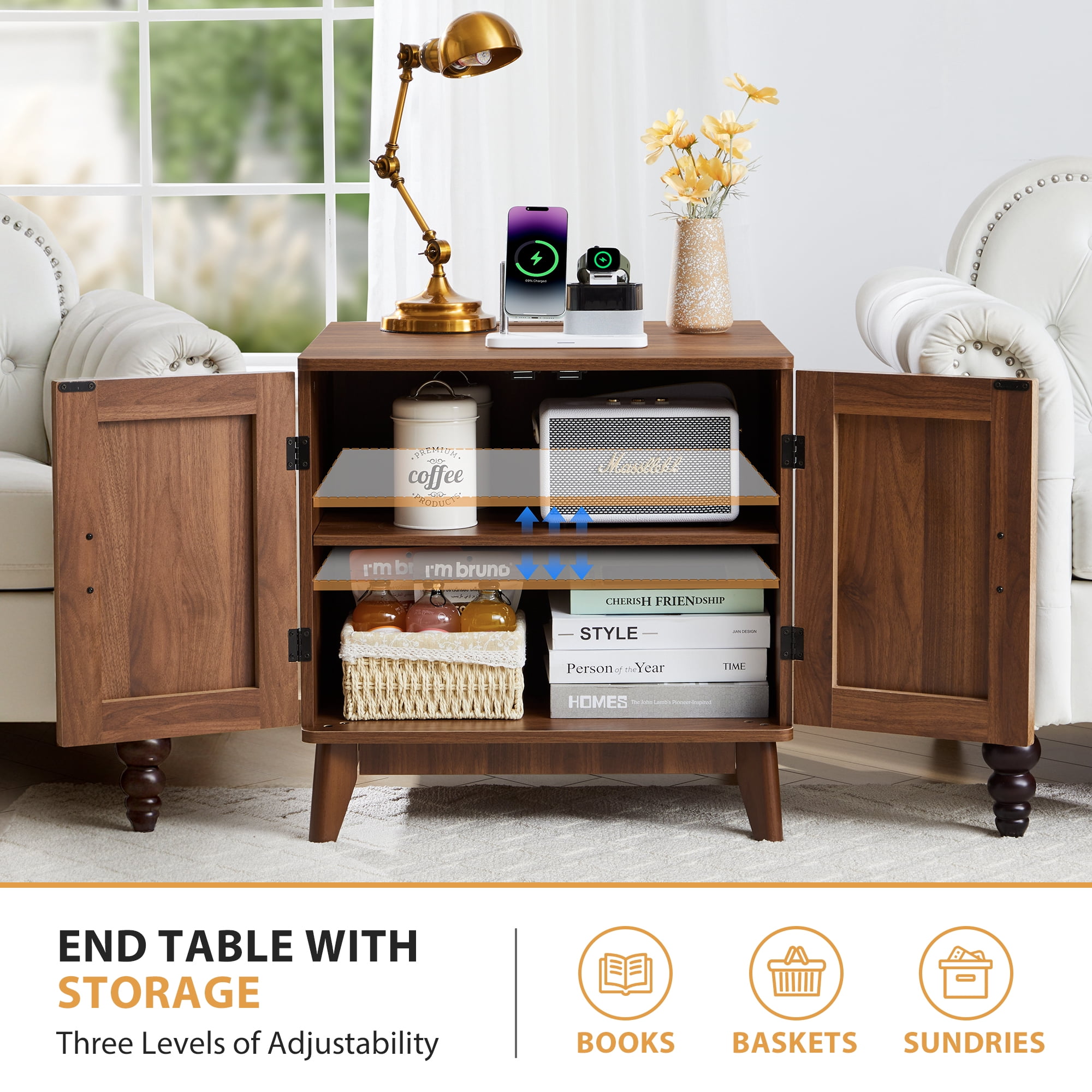 YOCWO Fluted Square Nightstand with Charging Station for Bedroom, Wood End Table with 2 Door for Living Room, Walnut