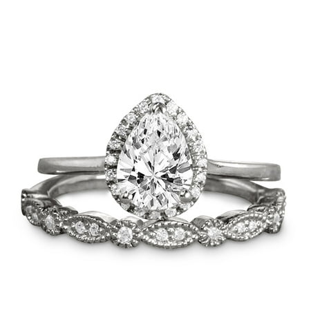 Affordable 2 Carat Pear cut Moissanite Antique Wedding Ring Set in 18k White Gold Over