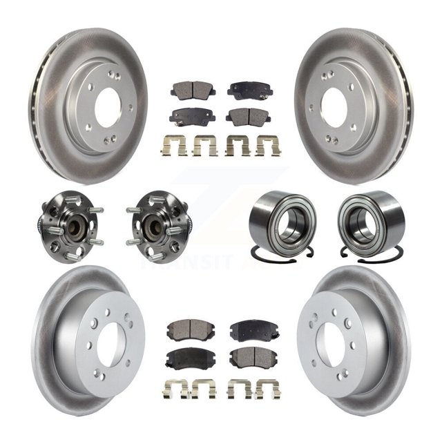 Transit Auto Front Rear Hub Bearing Assembly Coated Disc Brake Rotor and Ceramic Pad Kit (10Pc) for Car 2010 Hyundai Elantra Sedan with Non-ABS From 03 23 10 - Left Right (Driver Passenger) KBB-108482