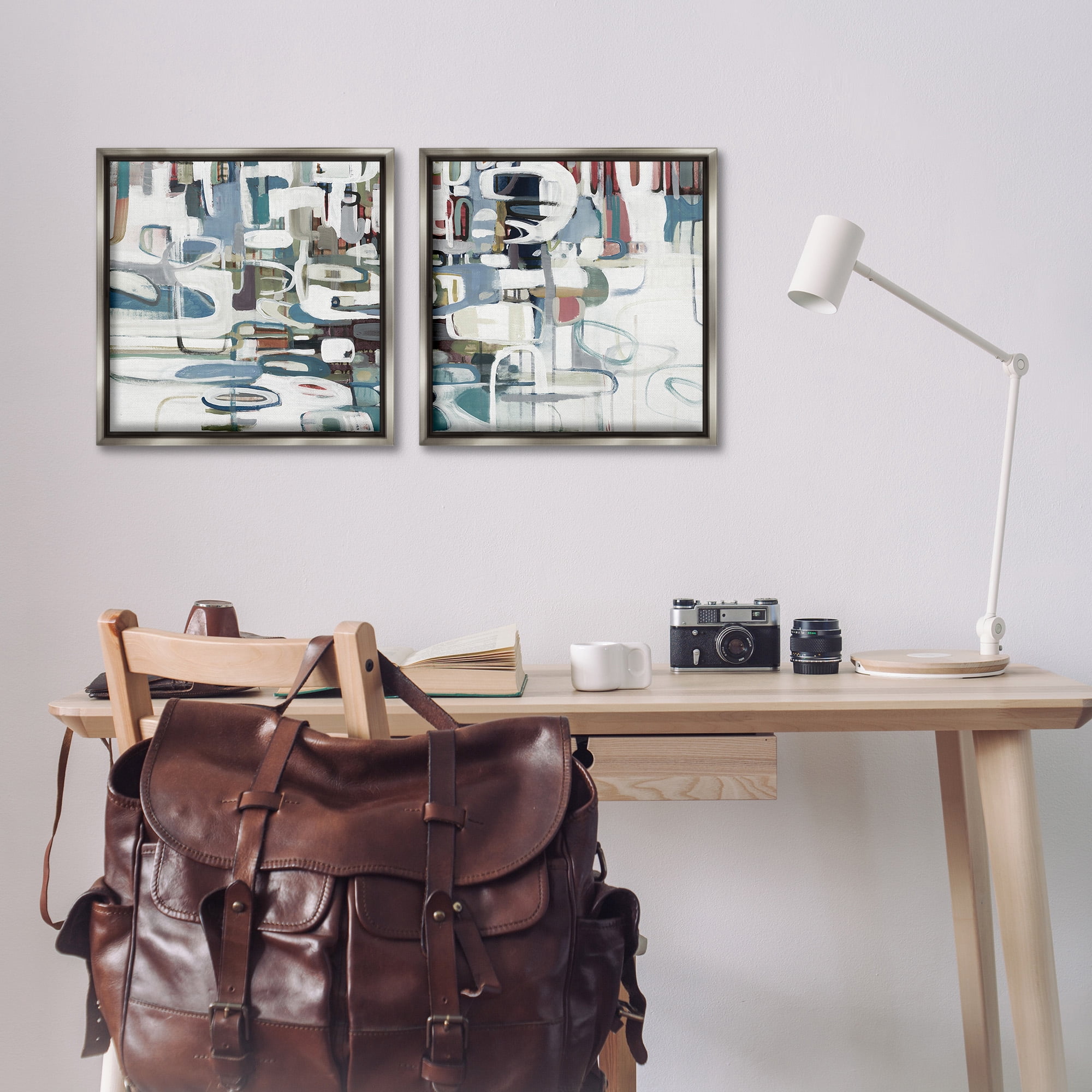 Stupell Industries Chaotic Intertwining Shapes Abstract Painting Gray Floater Framed Canvas Art Print Wall Art, 18 x 18, Set of 2