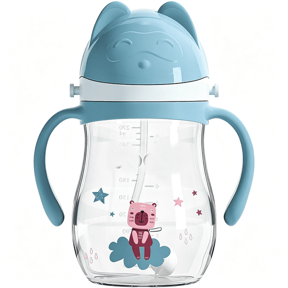 BPPEG Leakproof Sippy Cups, Double Sealing No Spill Water Bottle with Weighted Straw and Non-Slip Handle for Toddler 1-3 Years, Tritan Baby Cups 12 Months, 270ml/9oz (1Pack,Blue)