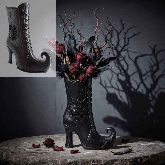 BUDAO00 Halloween Witch Boot Vase, Black Resin Gothic Flower Holder with Spider Web Detail for Dried Flowers, Artificial Stems, Mantel, Shelf and Table Centerpiece Decor