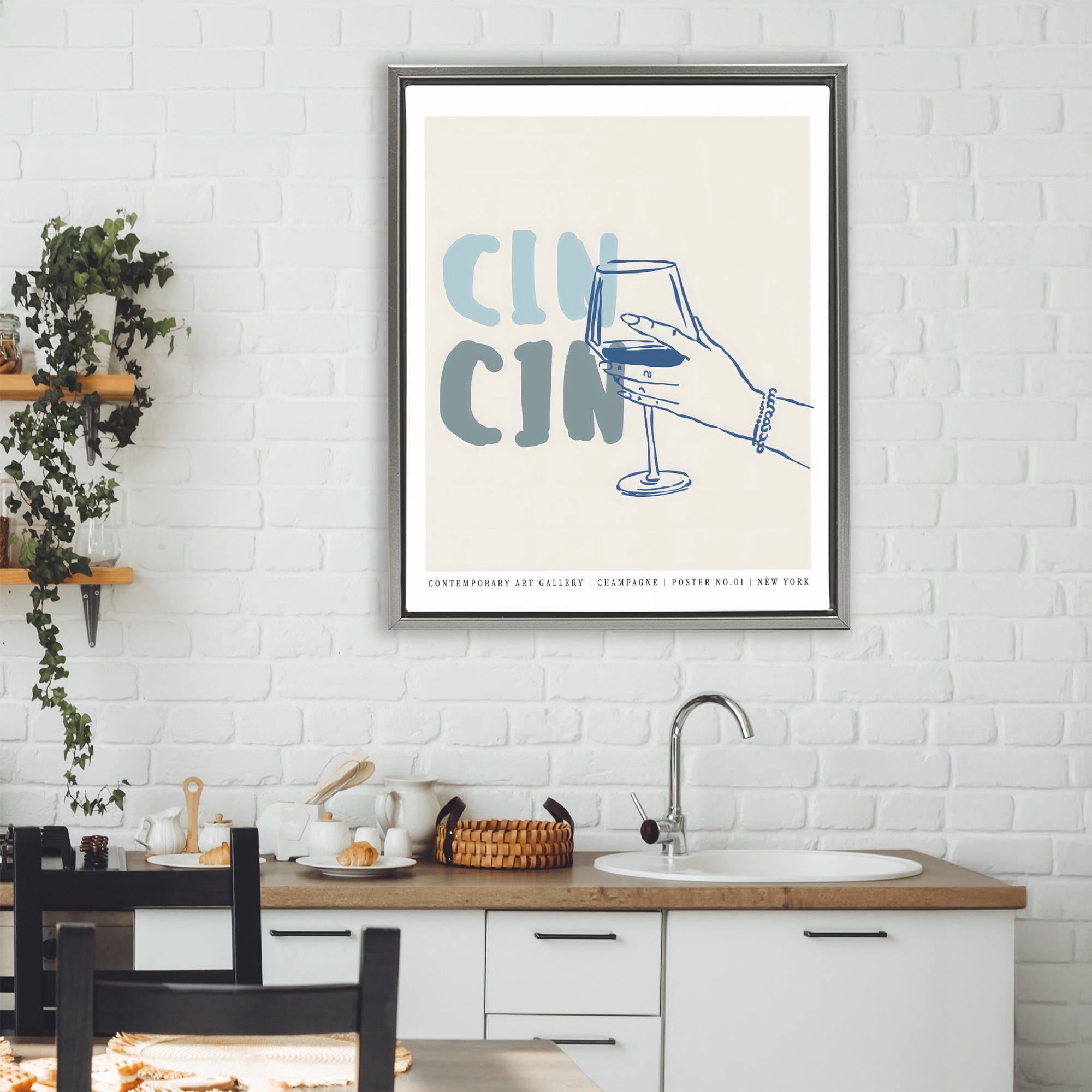 Stupell Industries Cin Cin Blue Champagne Toast Gray Framed Floater Canvas Wall Art, design by The Prints Vibe
