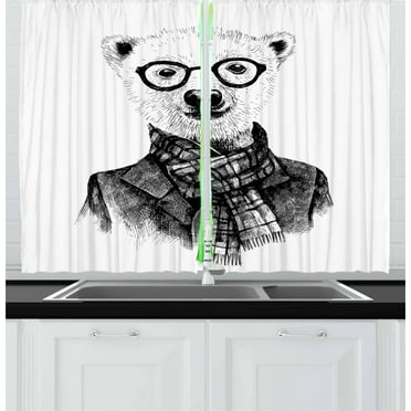 Ambesonne Black and White Kitchen Curtains, Sketch Bear, 55"x39", Black Grey and White