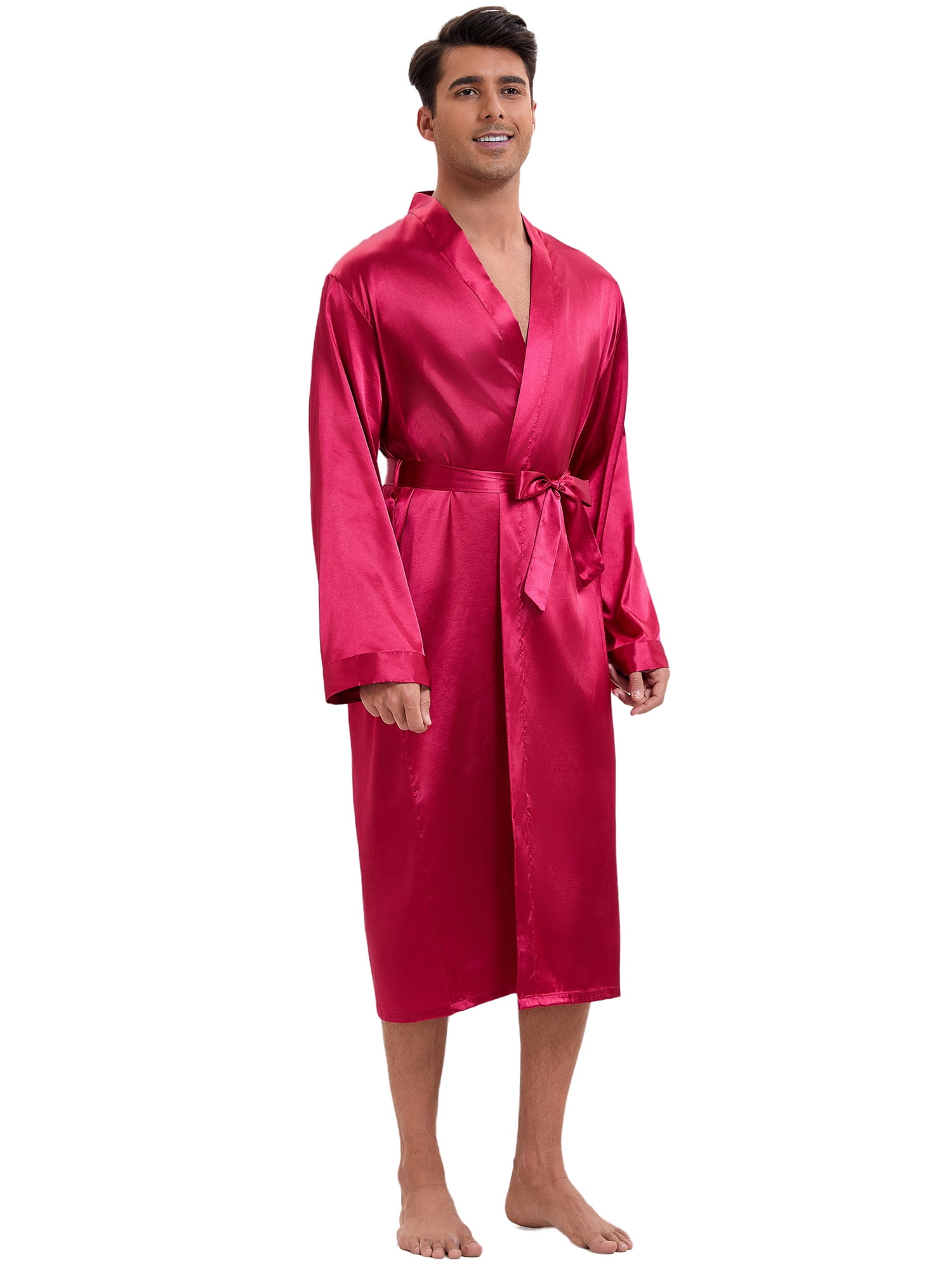 DARING DIVA Men's Long Sleeve Kimono Bathrobe Sleepwear with Shorts Set M Red
