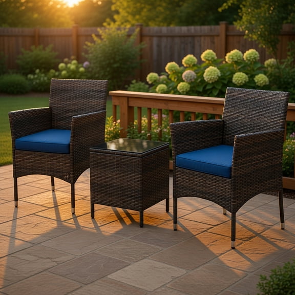 GVN Outdoor Conversation Sets,Patio Furniture Sets,3 Pieces Outdoor Conversation Set with Cushioned Seat and Glass Tabletop-Navy
