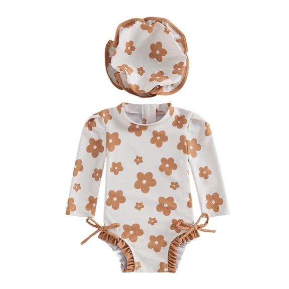 Tiijoy Girls One-Piece Swimsuit Baby Cute Long Sleeve Rash Guard UPF 50  Bathing Suit with Hat, Sizes 6-12 Months