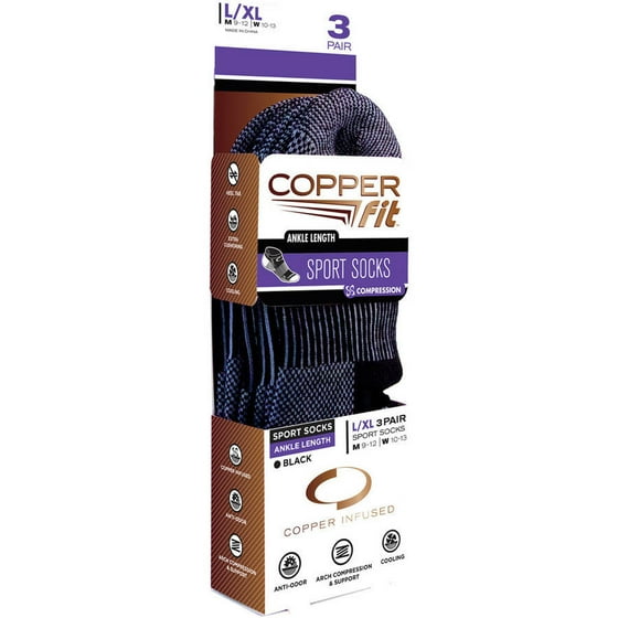 Copper Fit Ankle Length Sport Socks, 3 pack, Black, L/XL
