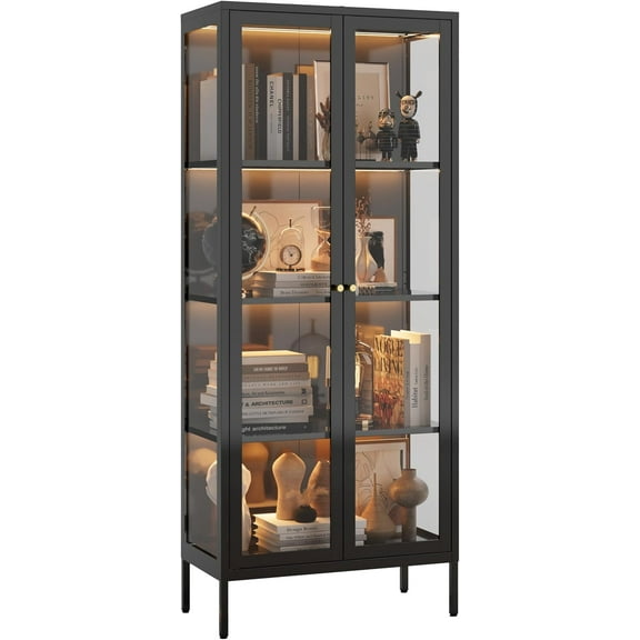 Display Cabinet with Glass Doors, Glass Display Cabinet with with 3 Color LED Lights, Curio Display Cabinet with 3 Shelves for Living Room & , Display Shelf, Assembly Required, Black