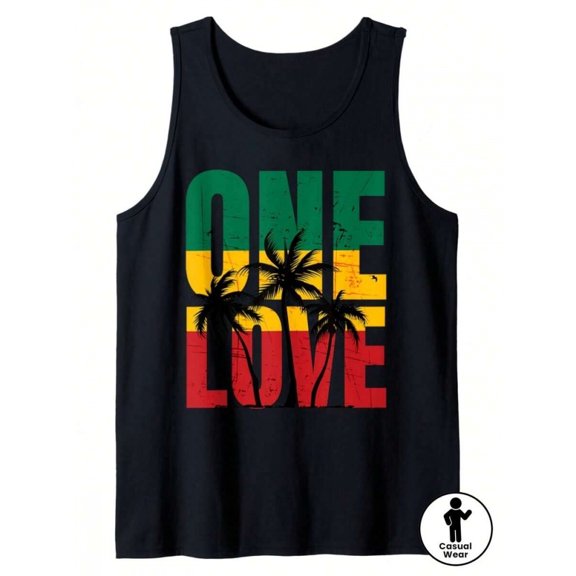 Black Mens Casual Tank Top With Rasta One Love Palm Tree Graphic, Round Neck, Loose Fit