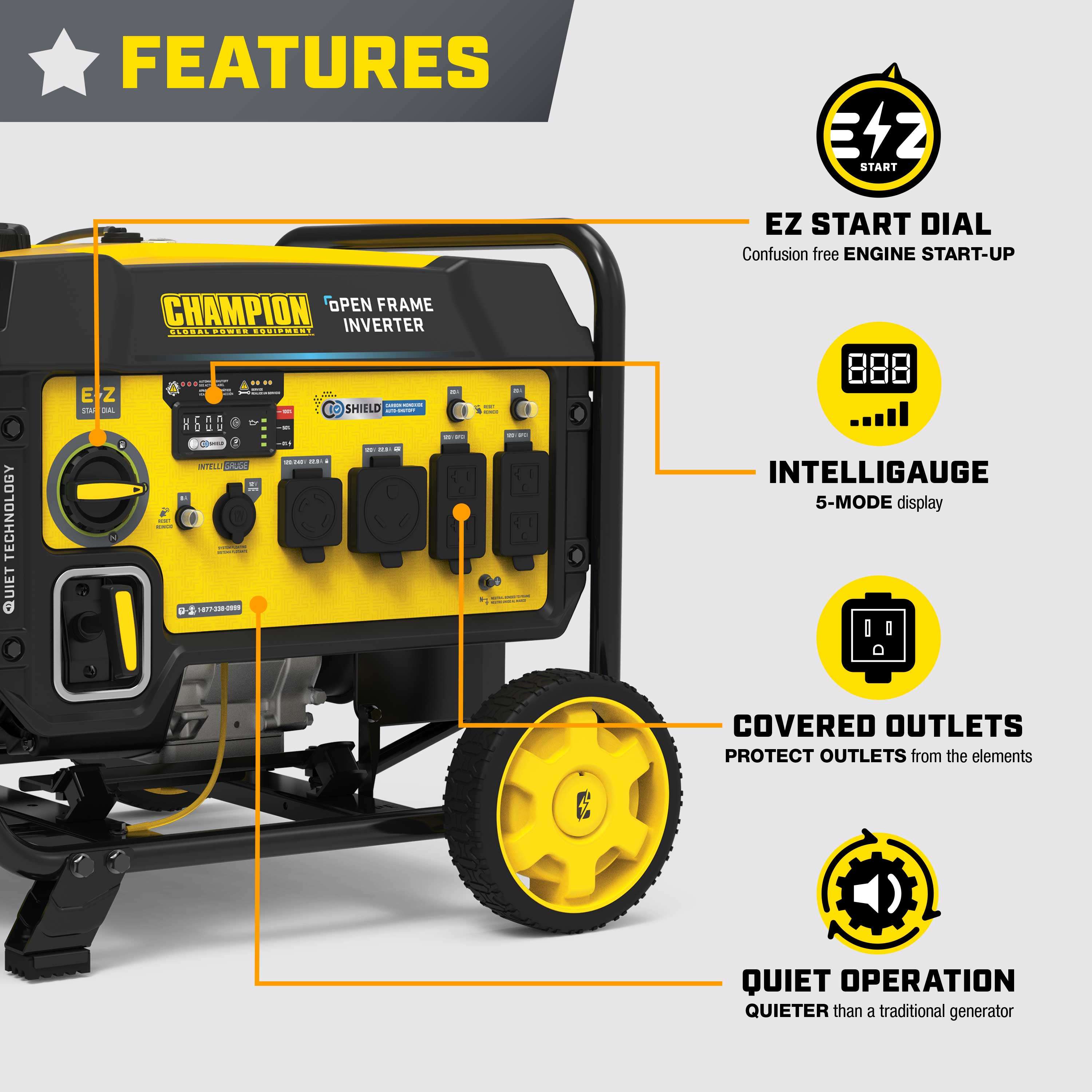 Champion 7250-Watt RV Ready Portable Open Frame Inverter Generator with Quiet Technology and CO Shield®