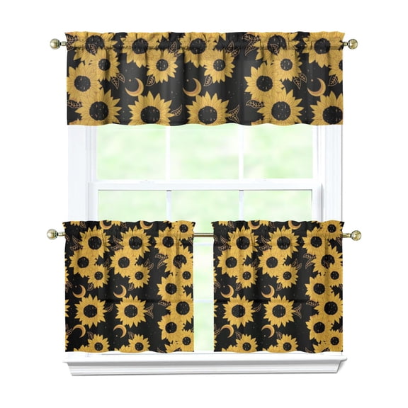 Kitchen Curtains 24 Inch Short - 3 Panel Set, Boho Sunflower Butterfly Floral Print, Rod Pocket Window Curtain for Rustic Farmhouse, Country Vintage Summer Decor, Easy Wash