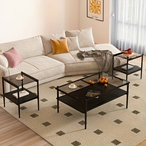 Coffee Table and End tables Set of 3, Tempered Glass Table with MDF layer, Modern Tables for Living Room , Gray Glass
