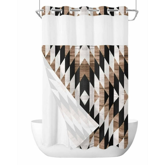 No Hook Shower Curtain with Snap-in Liner, Southwest Brown Waterproof Fabric Bathroom Curtains, Geometric Farmhouse Aztec Tribal Bath Curtains & Mesh Top Window Stand Up Stall 36"x72"