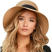 FURTALK Sun Hat for Women UV UPF50 Straw Beach Hat Foldable Brim Summer Travel Hat - Khaki Black - M