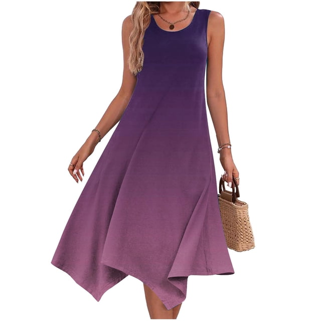 FcBaudy Robe Sans Manches à Col Rond, Robes d'Été pour Femmes, Robes Décontractées d'Été pour Femmes, Robe Longue Sans Manches à Ourlet Mouchoir, Robe de Plage avec Poches
