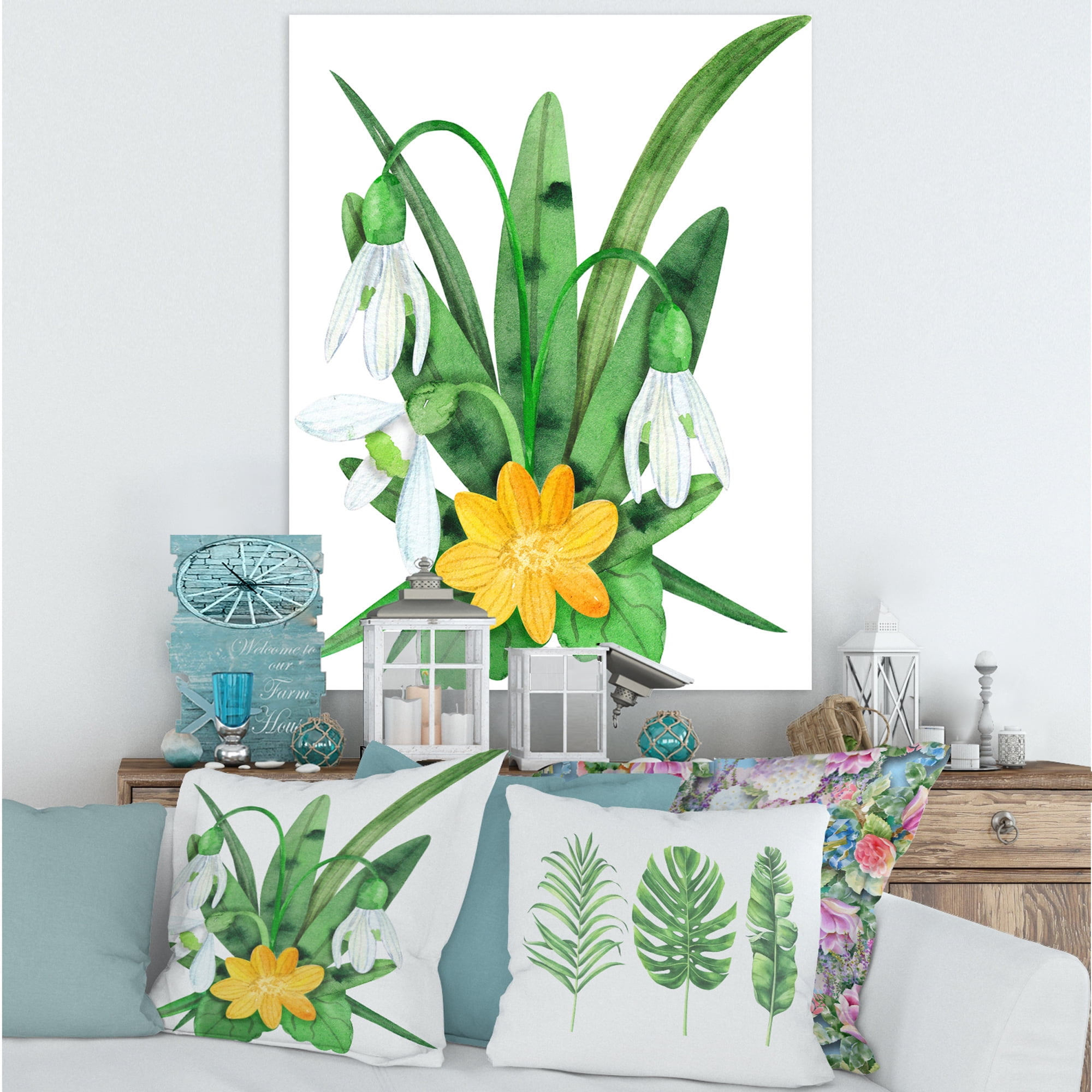 Designart ' Snowdrops and Yellow Erantis VIntage Flowers ' Traditional Canvas Wall Art Print