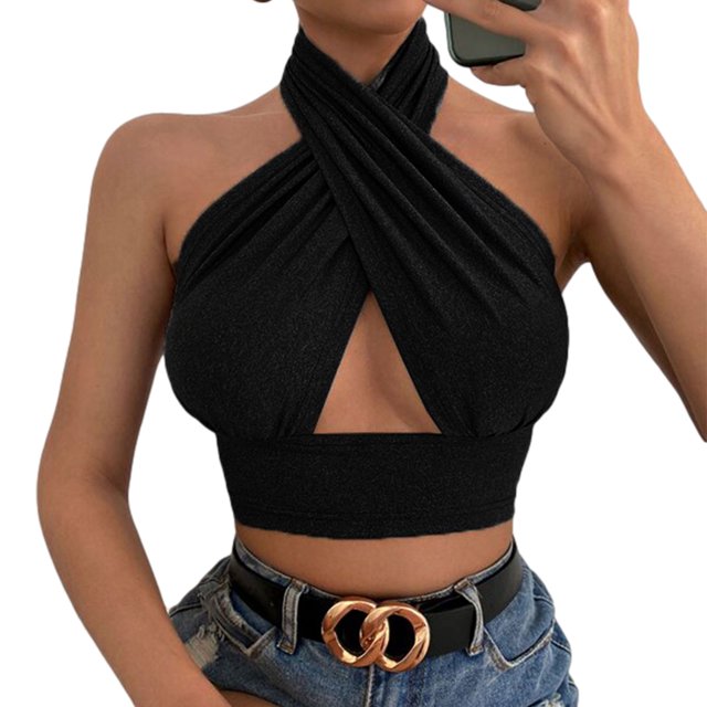 TxlixcChaleco de verano femenino, cuello de tirante cruzado de color sólido sin espalda, para niñas, 4 colores Txlixc moda