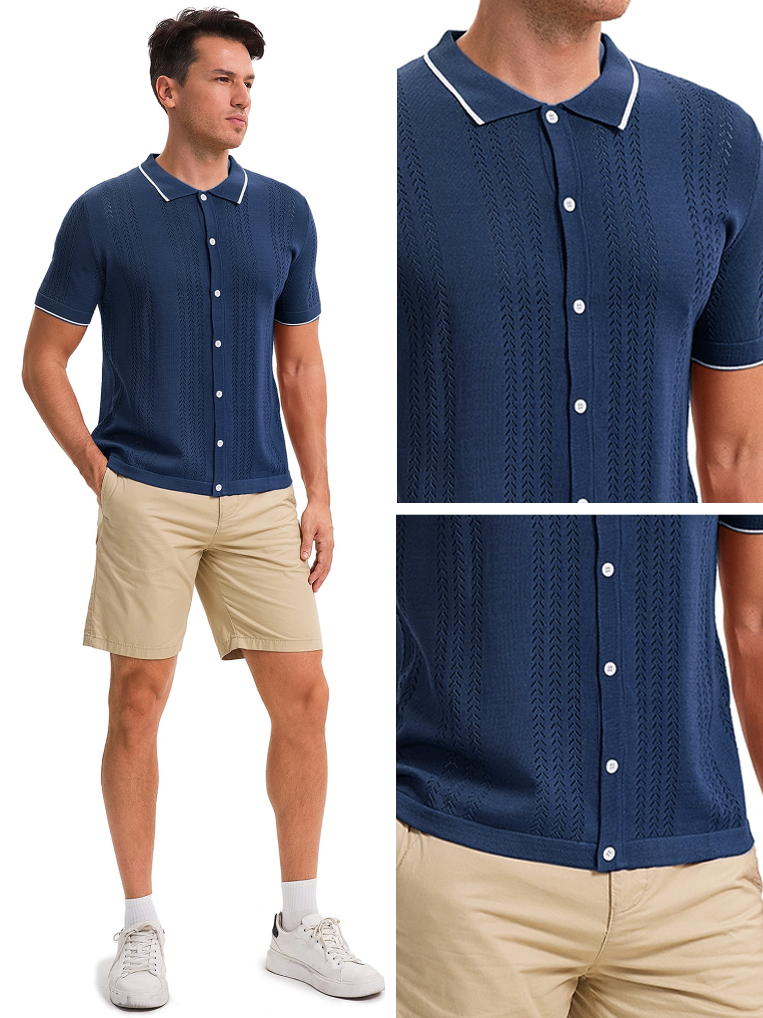 DARING DIVA Men's Knit Button Down Casual Vintage Short Sleeve Polo Shirt XXL Navy