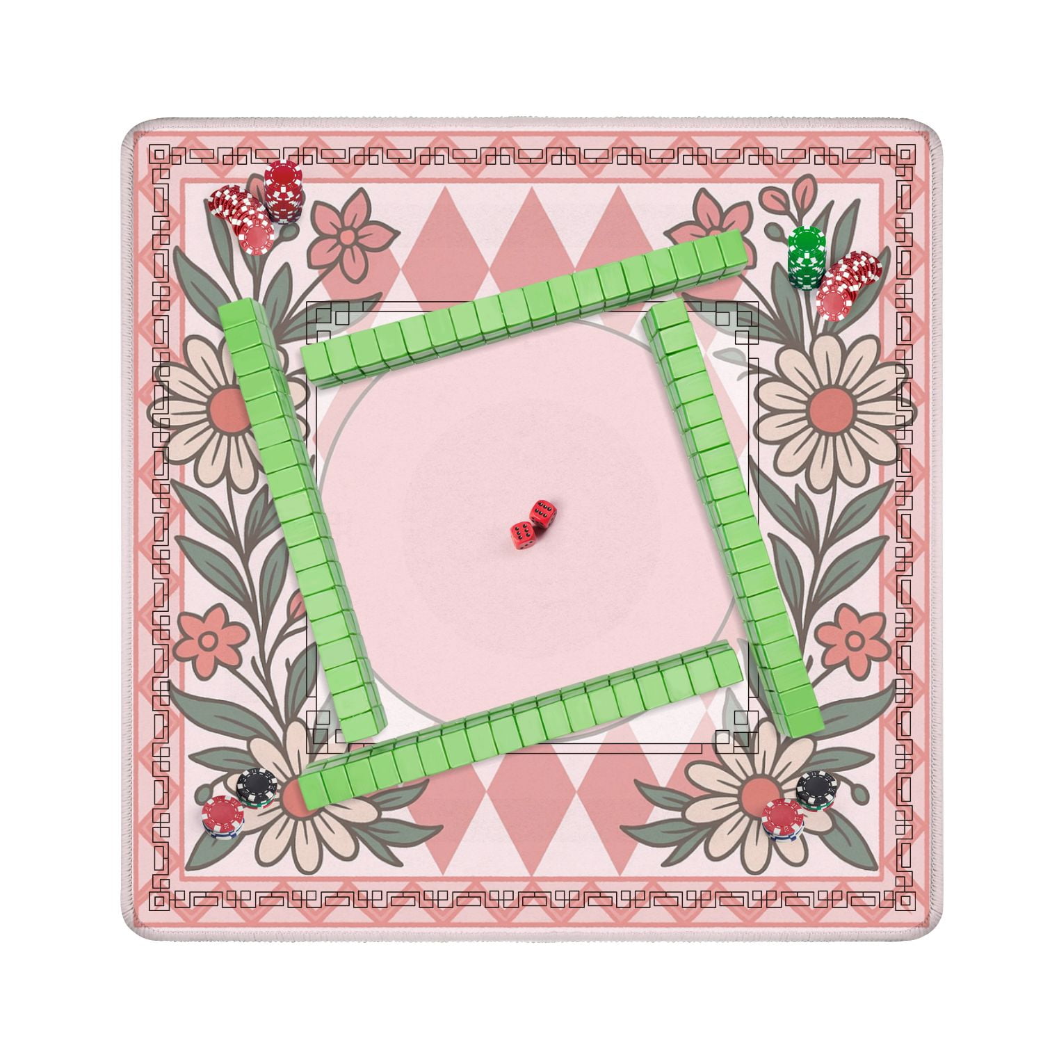 Mahjong Mat 31.5" x 31.5" Floral Frame Pink Diamond Empty Center for Customization Anti-Slip and Noise Reduction Symmetry Design Mahjong Tiles Table Cover for Dominoes Poker Card Board and Tile Games