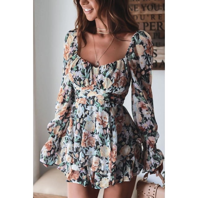TRKIYQC Mono sexy con cuello cuadrado y espalda descubierta para mujer, mono de manga larga con vendaje de flores a la moda, cintura alta TRKIYQC moda
