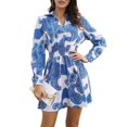 thumbnail image 3 of Robes d'Automne 2025 pour Femmes, Robe à Fleurs à Col en V, Taille Torsadée, Manches Longues, Courte, Bohème, Fluide, Ligne A, Mini, Bleu, M, 3 of 10